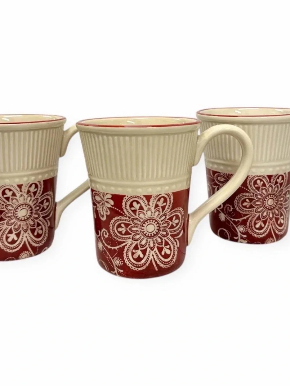 Pier 1 Imports Maribeth Ironstone Mugs Set of 3 Burgundy Cream Floral Cups